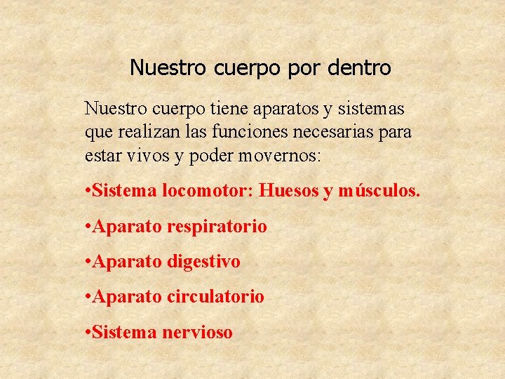 Nuestro cuerpo por dentro Nuestro cuerpo tiene aparatos y sistemas que realizan las funciones Nuestro cuerpo por dentro Nuestro cuerpo tiene aparatos y sistemas que realizan las funciones