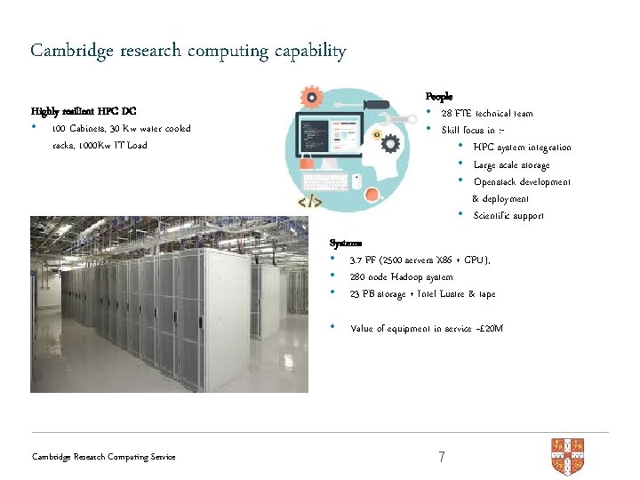 Cambridge research computing capability People • 28 FTE technical team • Skill focus in