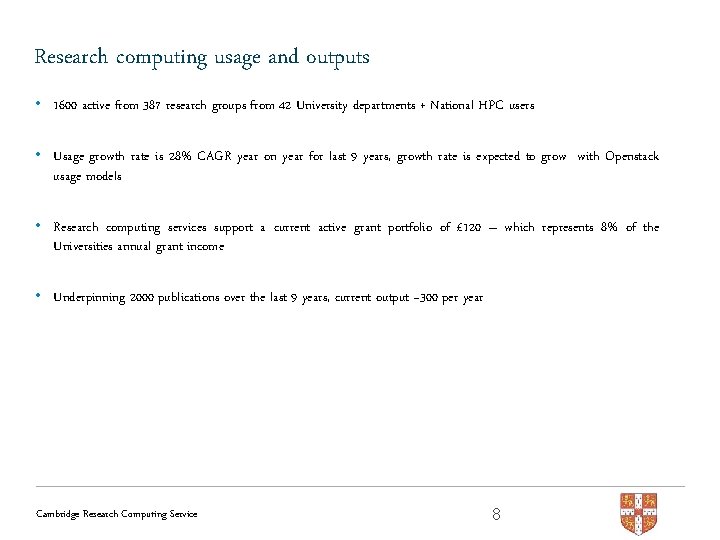 Research computing usage and outputs • 1600 active from 387 research groups from 42