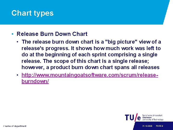 Chart types • Release Burn Down Chart • The release burn down chart is