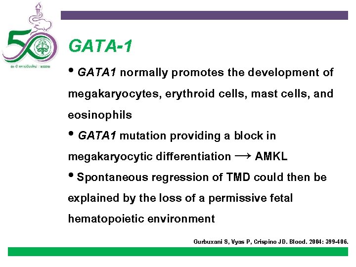 GATA-1 • GATA 1 normally promotes the development of megakaryocytes, erythroid cells, mast cells,