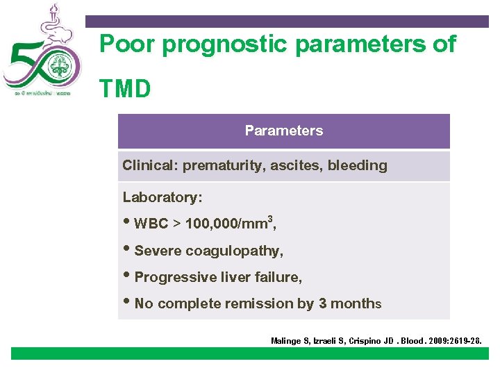 Poor prognostic parameters of TMD Parameters Clinical: prematurity, ascites, bleeding Laboratory: • WBC >