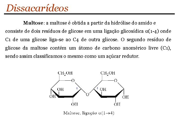 Dissacarídeos Maltose: a maltose é obtida a partir da hidrólise do amido e consiste