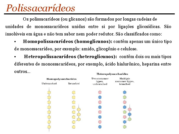 Polissacarídeos Os polissacarídeos (ou glicanos) são formados por longas cadeias de unidades de monossacarídeos