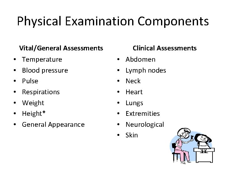 Physical Examination Components Vital/General Assessments • • Temperature Blood pressure Pulse Respirations Weight Height*