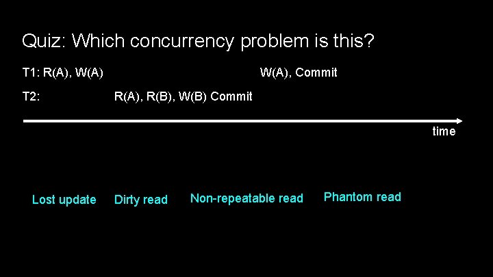 Quiz: Which concurrency problem is this? T 1: R(A), W(A) T 2: W(A), Commit