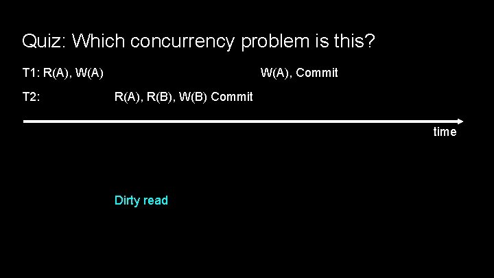 Quiz: Which concurrency problem is this? T 1: R(A), W(A) T 2: W(A), Commit