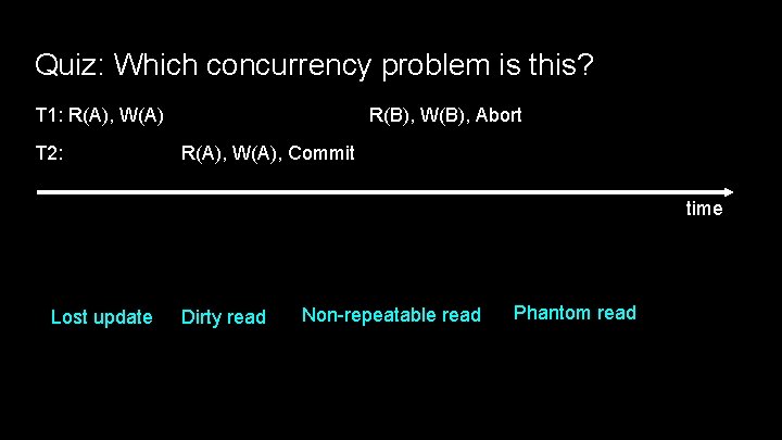 Quiz: Which concurrency problem is this? T 1: R(A), W(A) T 2: R(B), W(B),