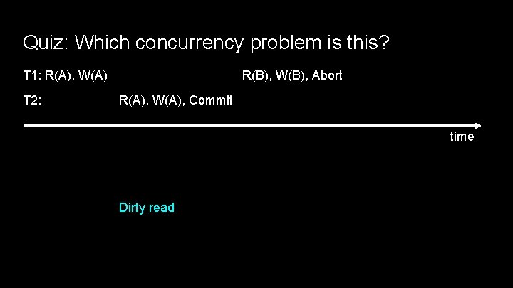 Quiz: Which concurrency problem is this? T 1: R(A), W(A) T 2: R(B), W(B),