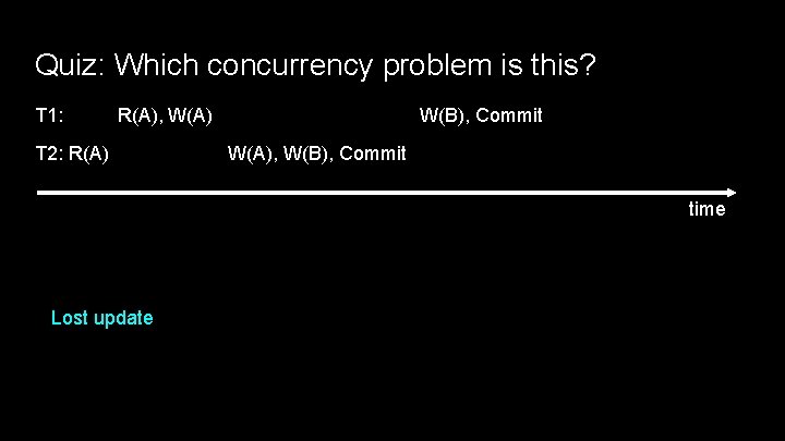 Quiz: Which concurrency problem is this? T 1: R(A), W(A) T 2: R(A) W(B),