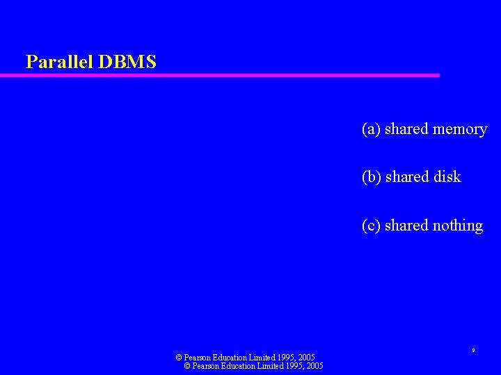 Parallel DBMS (a) shared memory (b) shared disk (c) shared nothing © Pearson Education