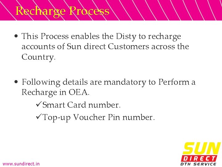 Recharge Process • This Process enables the Disty to recharge accounts of Sun direct