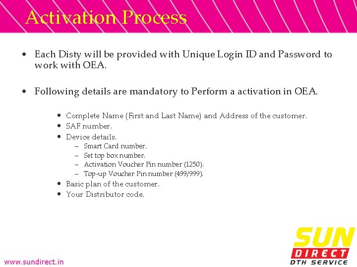 Activation Process • Each Disty will be provided with Unique Login ID and Password