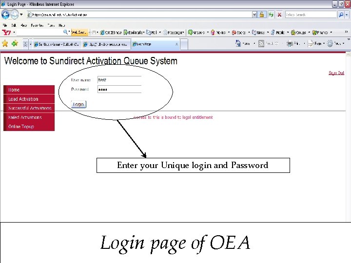 Enter your Unique login and Password Login page of OEA 