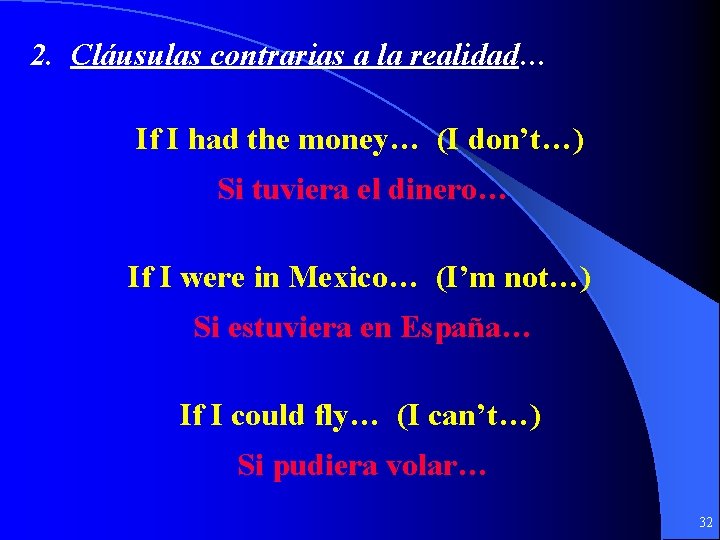 2. Cláusulas contrarias a la realidad… If I had the money… (I don’t…) Si