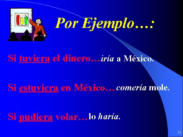 Por Ejemplo…: Si tuviera el dinero…iría a México. Si estuviera en México… comería mole.