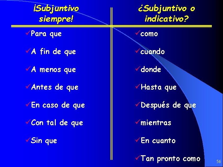 ¡Subjuntivo siempre! ¿Subjuntivo o indicativo? üPara que ücomo üA fin de que ücuando üA