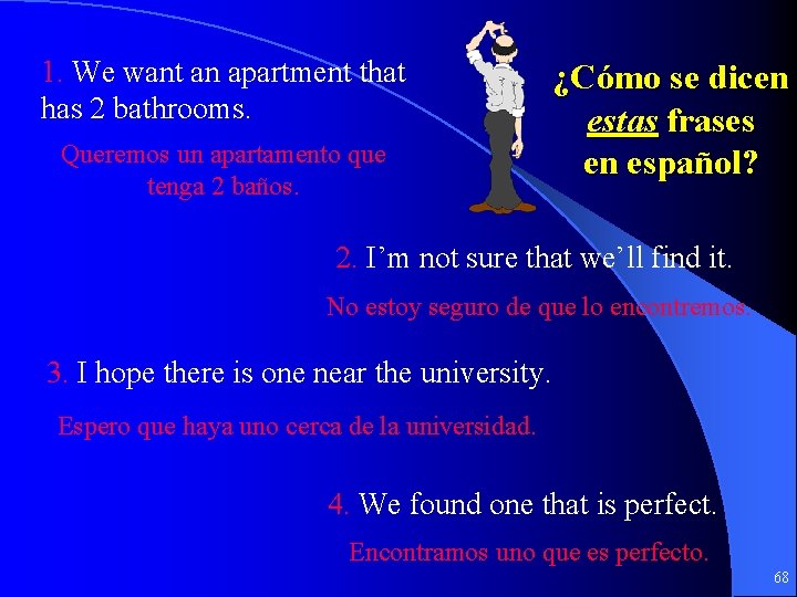 1. We want an apartment that has 2 bathrooms. Queremos un apartamento que tenga