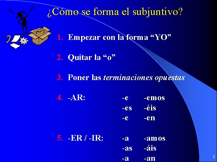 ¿Cómo se forma el subjuntivo? 1. Empezar con la forma “YO” 2. Quitar la