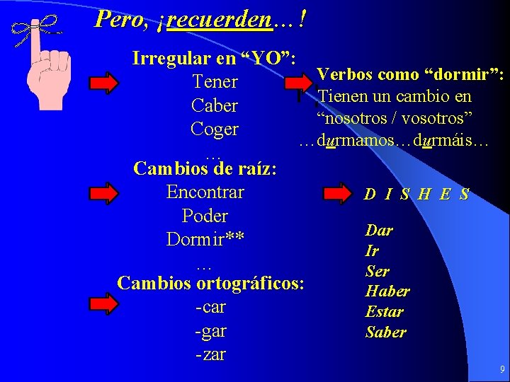 Pero, ¡recuerden…! Irregular en “YO”: Verbos como “dormir”: Tener Tienen un cambio en Caber