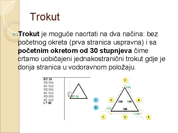 Trokut je moguće nacrtati na dva načina: bez početnog okreta (prva stranica uspravna) i