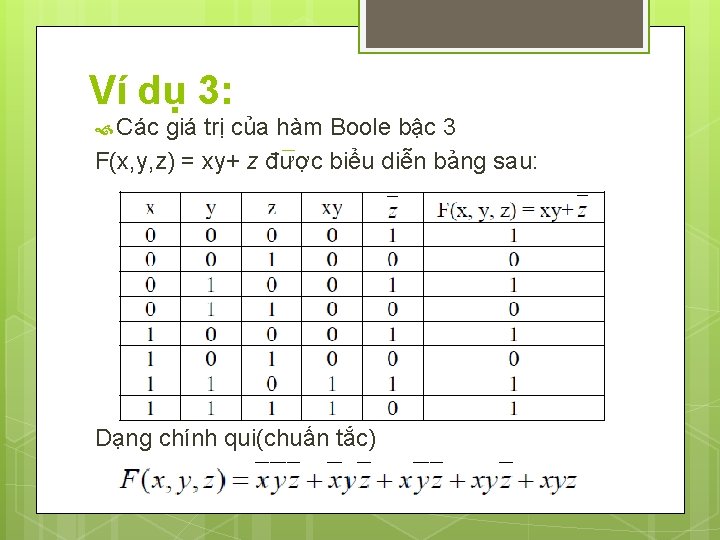 Ví dụ 3: Các giá trị của hàm Boole bậc 3 F(x, y, z)