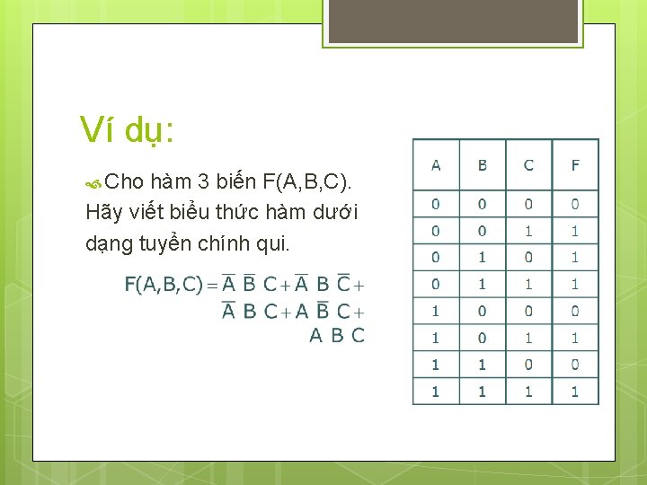 Ví dụ: Cho hàm 3 biến F(A, B, C). Hãy viết biểu thức hàm