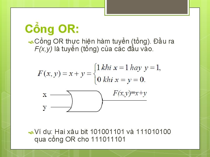 Cổng OR: Cổng OR thực hiện hàm tuyển (tổng). Đầu ra F(x, y) là