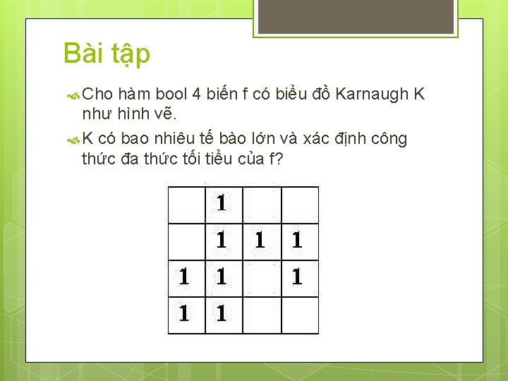 Bài tập Cho hàm bool 4 biến f có biểu đồ Karnaugh K như