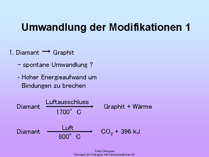 Umwandlung der Modifikationen 1 1. Diamant → Graphit - spontane Umwandlung ? - Hoher