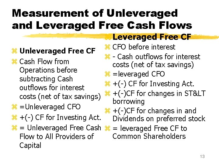 Measurement of Unleveraged and Leveraged Free Cash Flows z Leveraged Free CF z Unleveraged