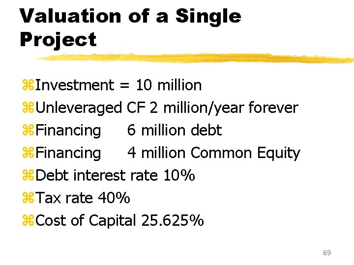 Valuation of a Single Project z. Investment = 10 million z. Unleveraged CF 2