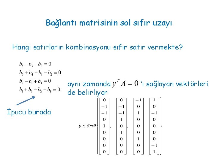 Bağlantı matrisinin sol sıfır uzayı Hangi satırların kombinasyonu sıfır satır vermekte? aynı zamanda de