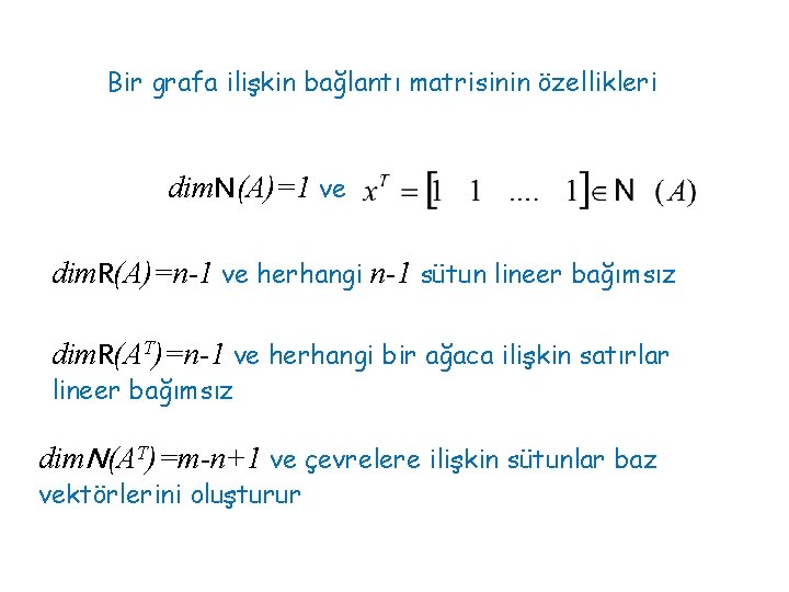 Bir grafa ilişkin bağlantı matrisinin özellikleri dim. N(A)=1 ve dim. R(A)=n-1 ve herhangi n-1