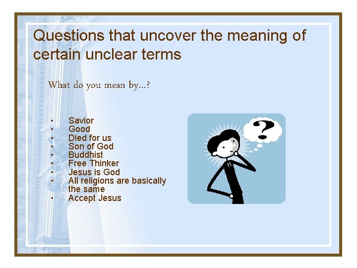 Questions that uncover the meaning of certain unclear terms What do you mean by…?