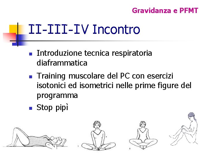 Gravidanza e PFMT II-IV Incontro n n n Introduzione tecnica respiratoria diaframmatica Training muscolare