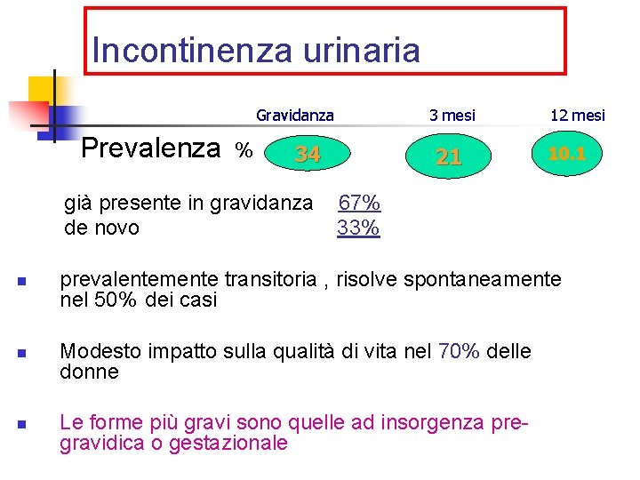 Incontinenza urinaria Gravidanza Prevalenza % 34 già presente in gravidanza de novo n n