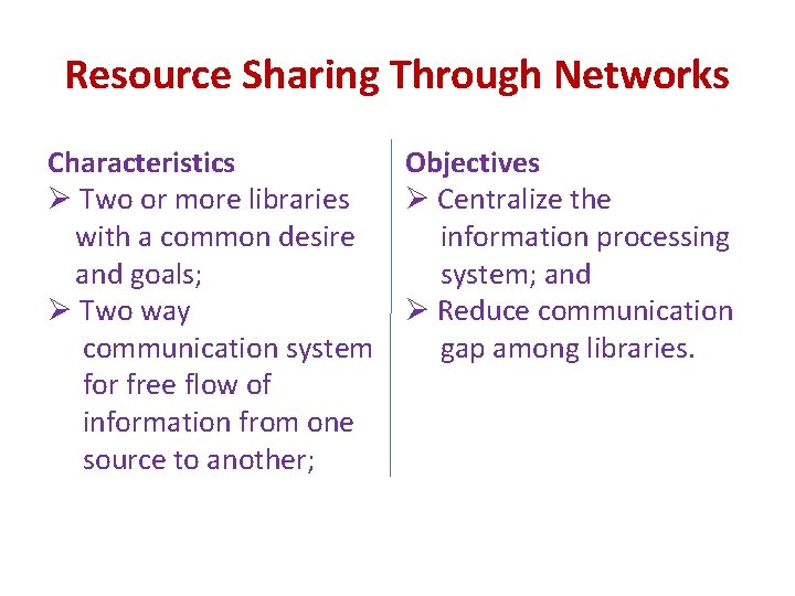 Resource Sharing Through Networks Characteristics Ø Two or more libraries with a common desire