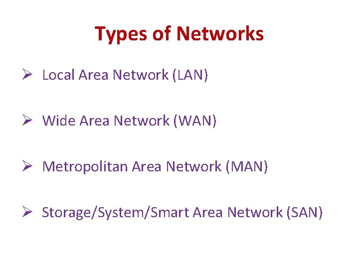 Types of Networks Ø Local Area Network (LAN) Ø Wide Area Network (WAN) Ø Types of Networks Ø Local Area Network (LAN) Ø Wide Area Network (WAN) Ø