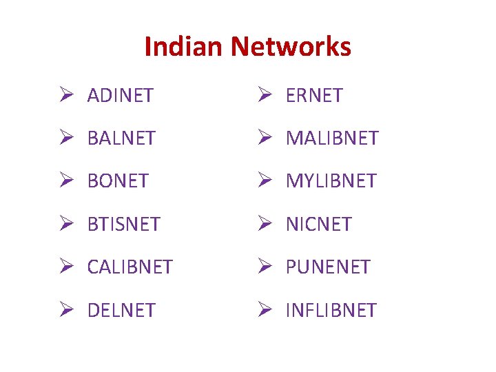 Indian Networks Ø ADINET Ø ERNET Ø BALNET Ø MALIBNET Ø BONET Ø MYLIBNET Indian Networks Ø ADINET Ø ERNET Ø BALNET Ø MALIBNET Ø BONET Ø MYLIBNET