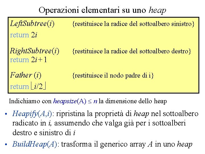 Operazioni elementari su uno heap Left. Subtree(i) return 2 i {restituisce la radice del