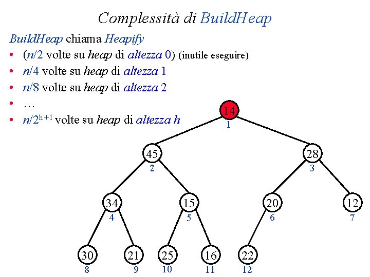 Complessità di Build. Heap chiama Heapify • (n/2 volte su heap di altezza 0)