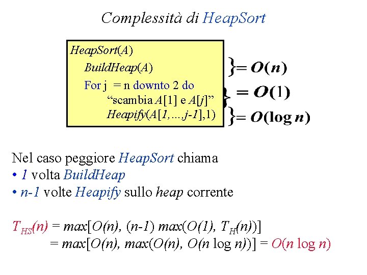 Complessità di Heap. Sort(A) Build. Heap(A) For j = n downto 2 do “scambia