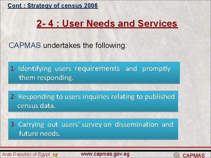 Cont : Strategy of census 2006 2 - 4 : User Needs and Services