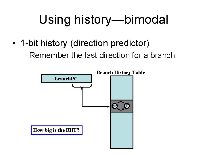 Using history—bimodal • 1 -bit history (direction predictor) – Remember the last direction for