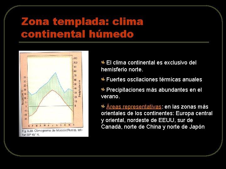 Zona templada: clima continental húmedo El clima continental es exclusivo del hemisferio norte. Fuertes