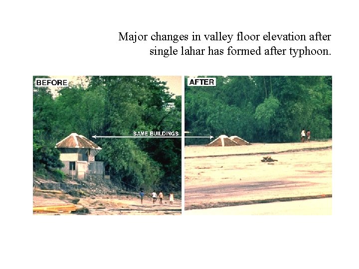 Major changes in valley floor elevation after single lahar has formed after typhoon. 