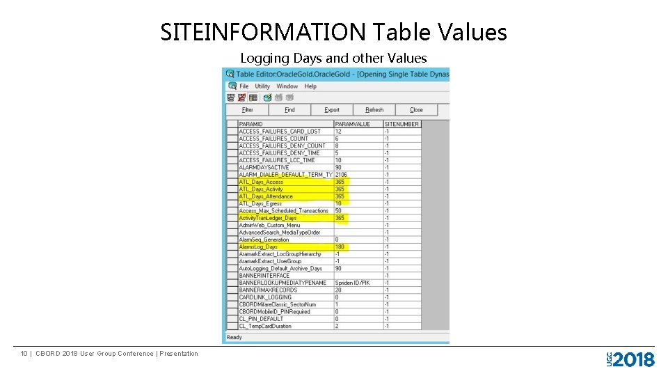 SITEINFORMATION Table Values Logging Days and other Values 10 | CBORD 2018 User Group