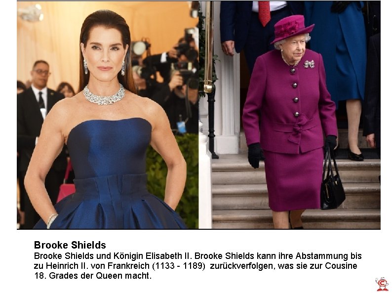 Brooke Shields und Königin Elisabeth II. Brooke Shields kann ihre Abstammung bis zu Heinrich