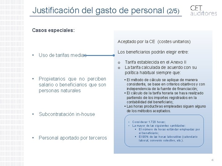 Justificación del gasto de personal (2/5) Casos especiales: Aceptado por la CE (costes unitarios)